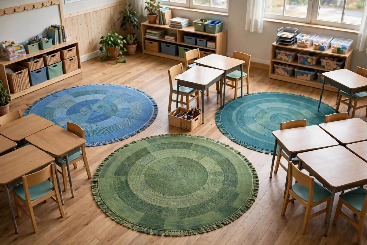 19 Small Classroom Setup Tricks for Maximum Space 19 Colorful area rugs defining different learning zones in a small classroom