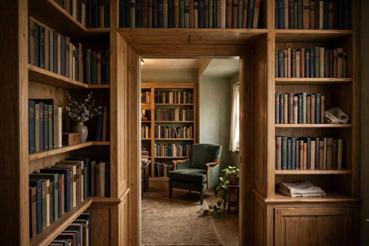 Bright small room with a window centered between two tall bookcases