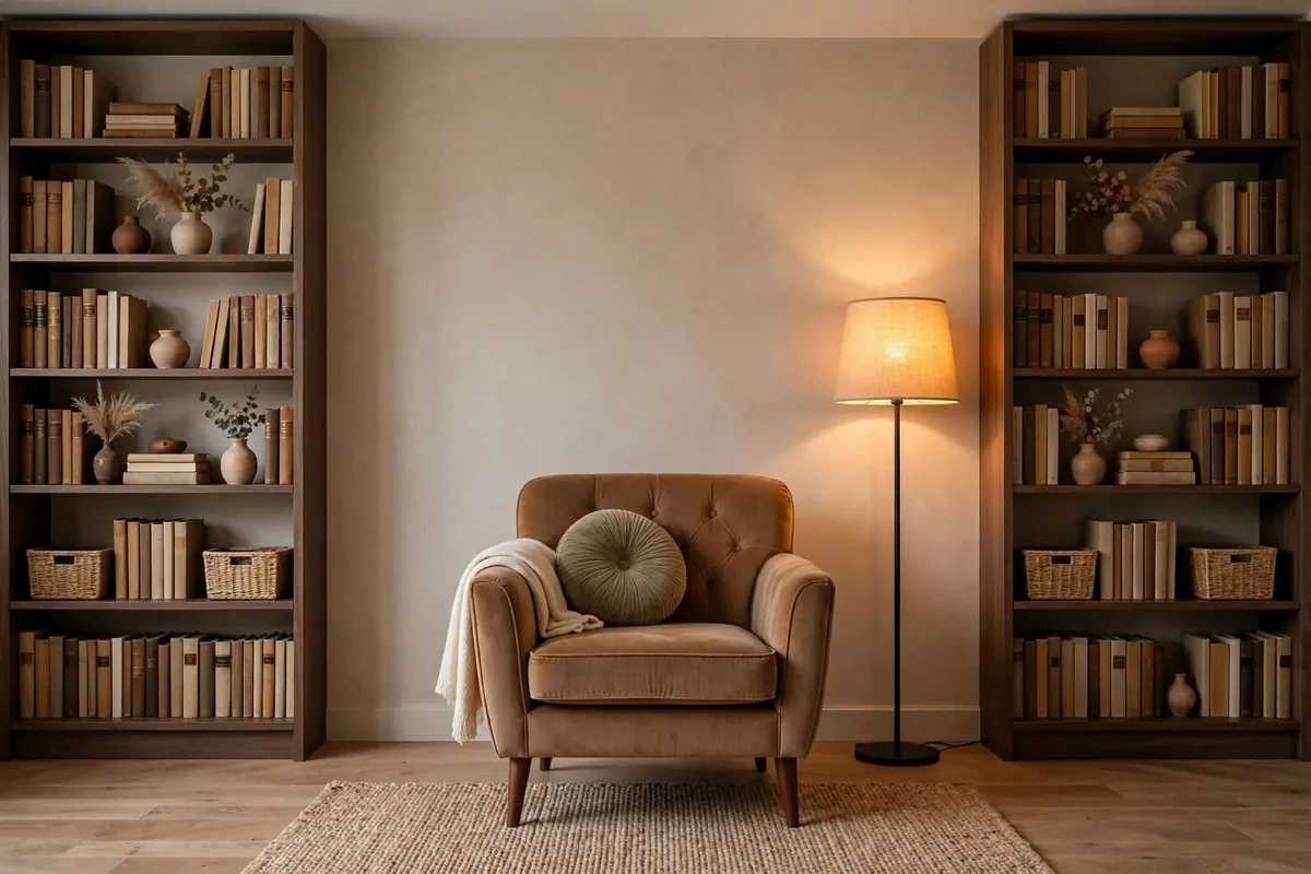 Compact library with tall dark-wood shelves and a rolling library ladder