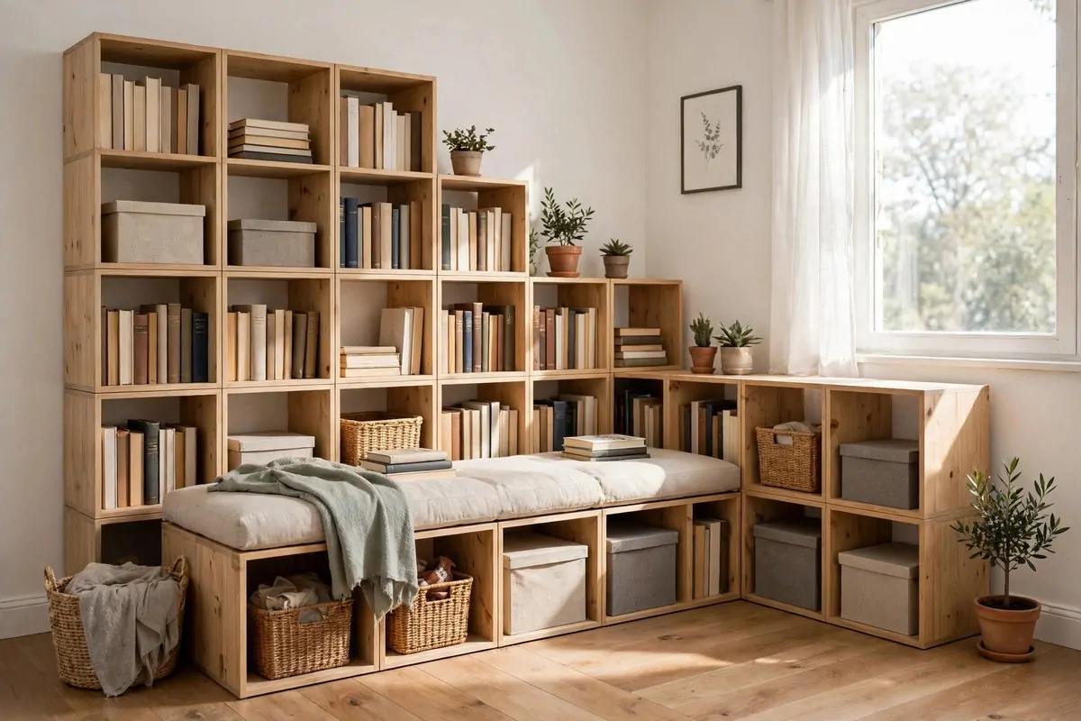 Corner of a small room with bookshelves on two adjoining walls forming an L