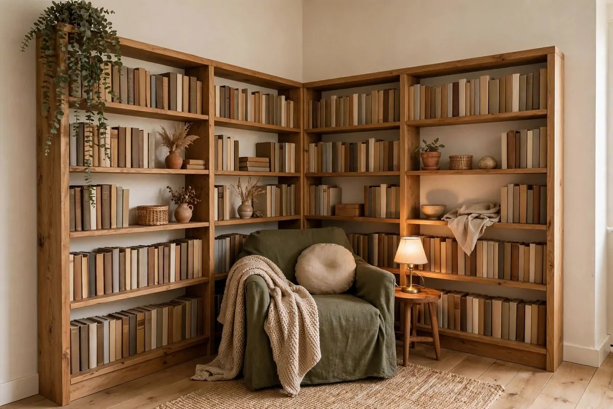 Reading chair centered against the back wall with matching bookshelves on both sides