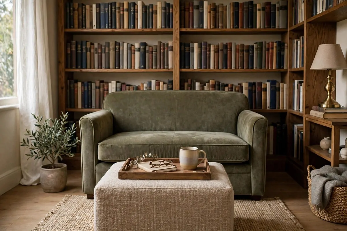 Small library with a compact loveseat and storage ottoman with a tray