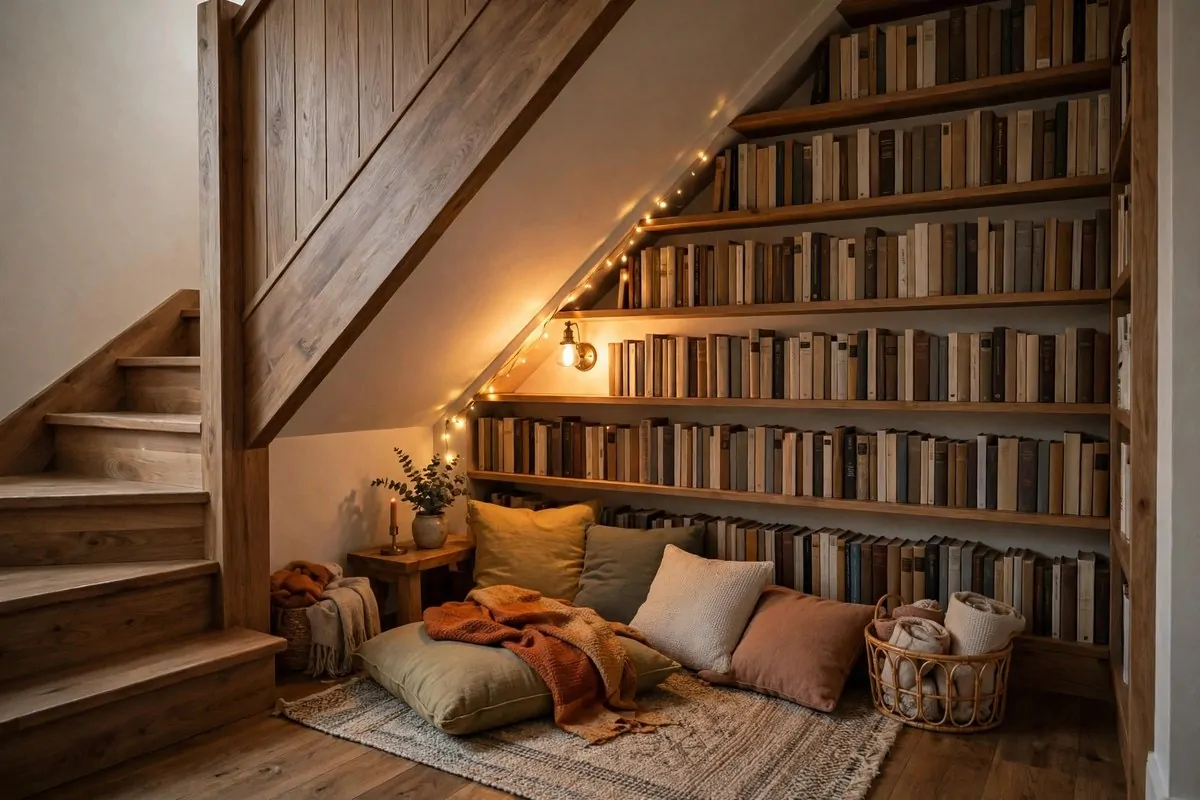 Space under a staircase fitted as a mini library with shelves on the sloped wall