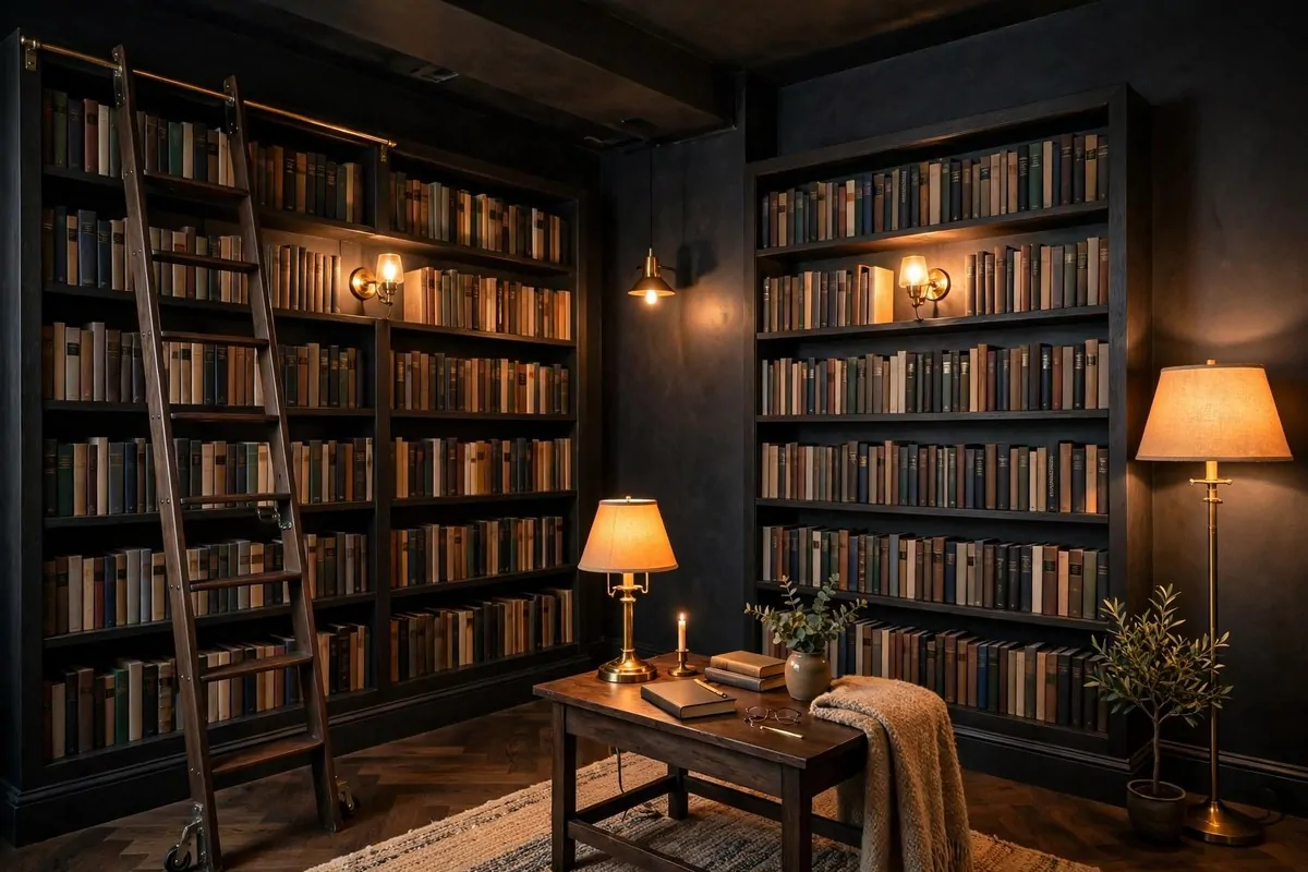 Tiny closet room converted into a library with bench and shelves