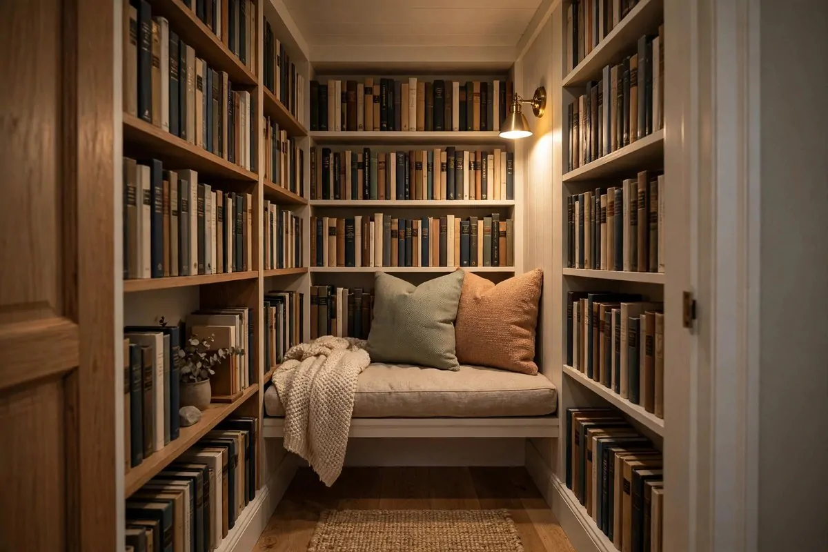 Small library with dark charcoal walls and bookshelves lit by warm lamps