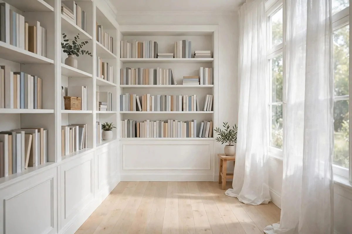 Small library room with a large mirror opposite a bright window