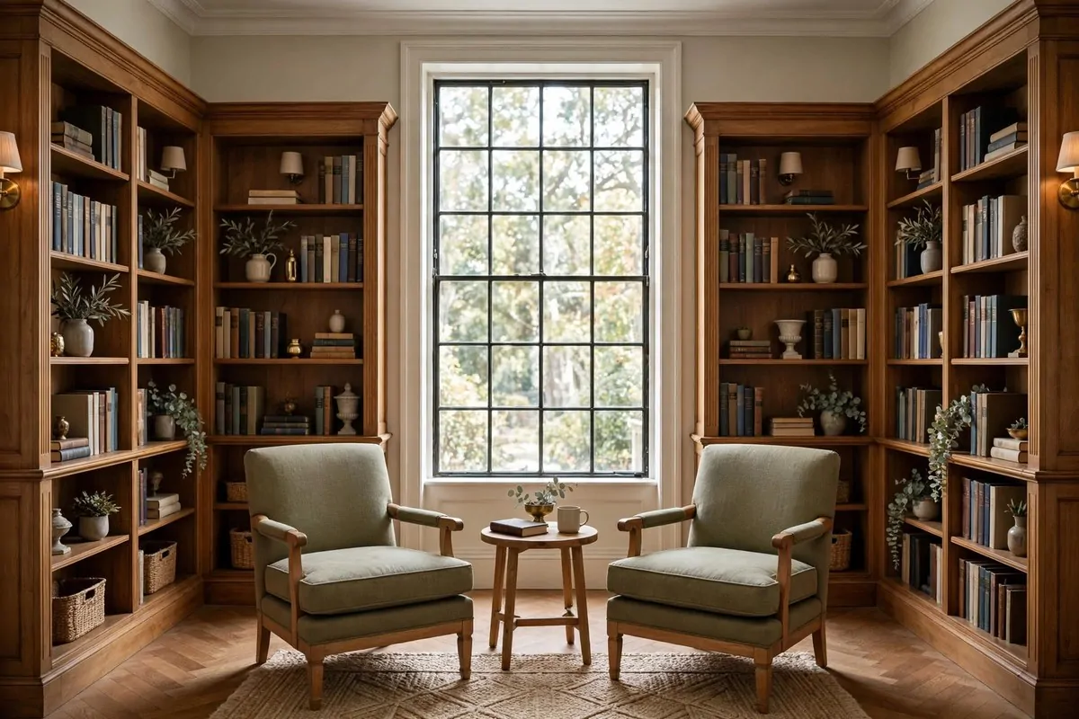 Small airy library with white bookshelves and pale wood floors