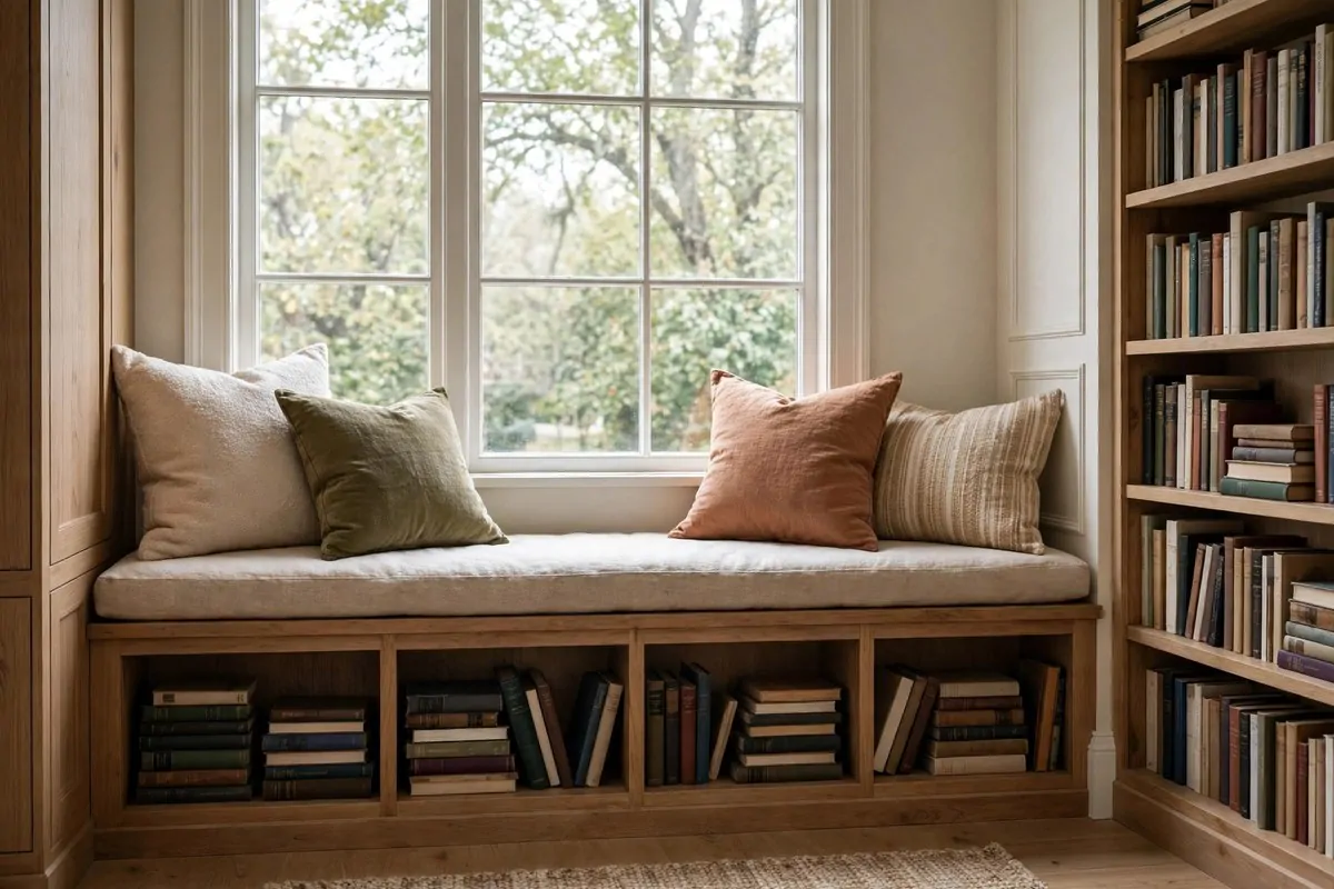 Small library with symmetrical built-in shelves flanking a central window