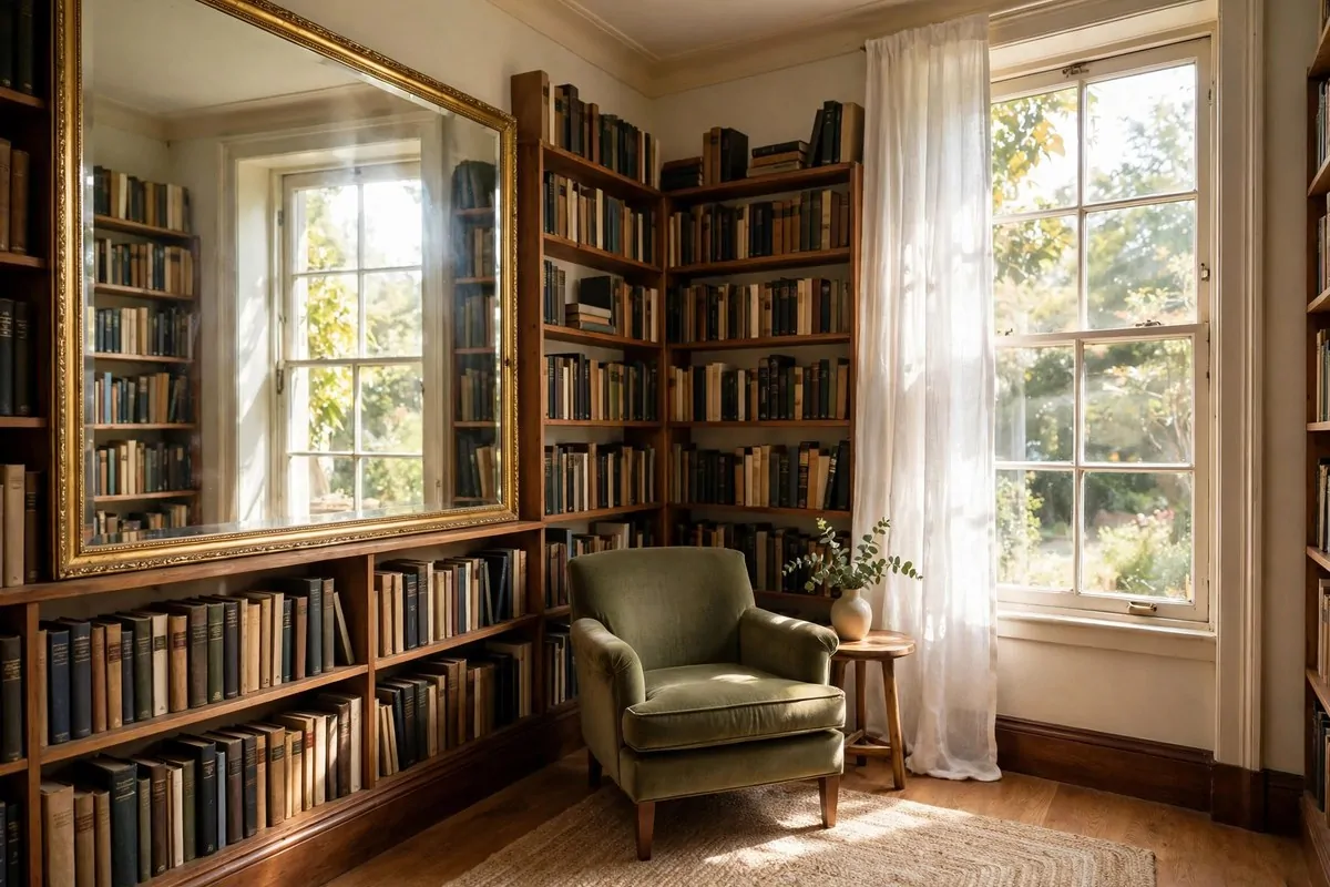 Built-in bench under a window with book cubbies below and shelves beside
