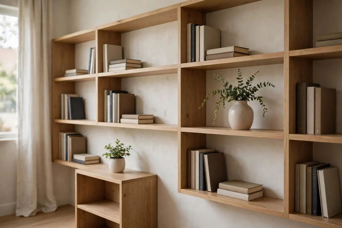Small library with open shelves styled calmly with books and empty space