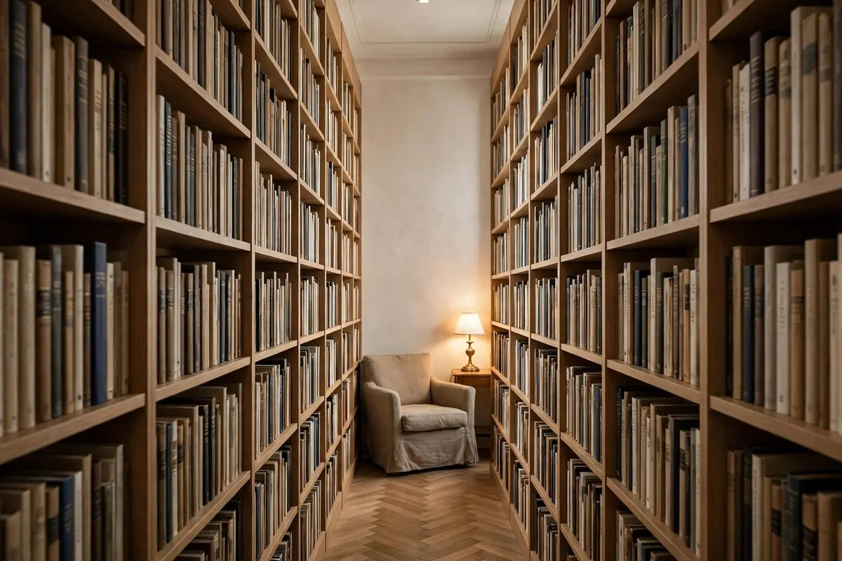 Very narrow room with slim bookshelves covering both long walls