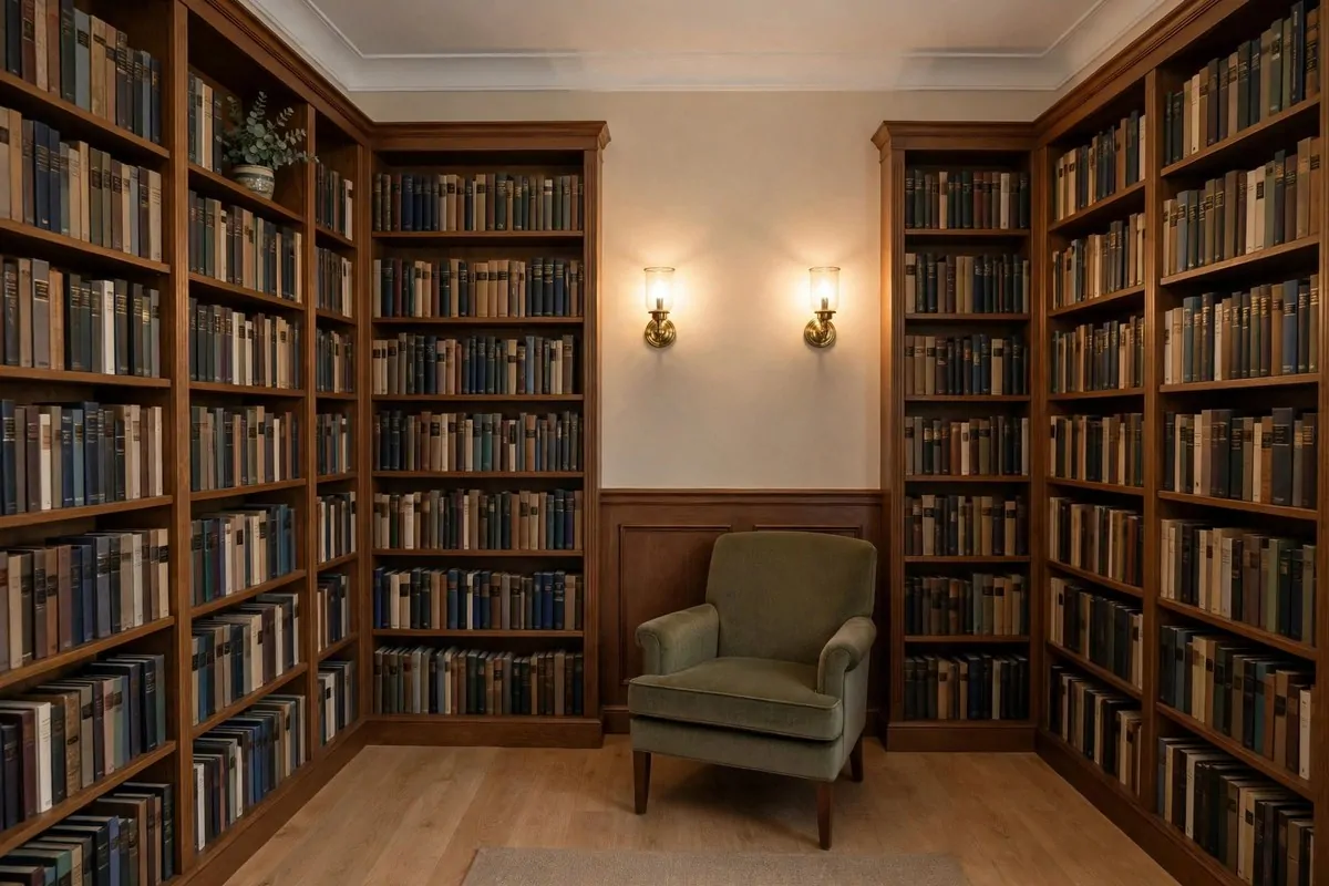 Small library with wall sconces above a reading chair, floor space clear