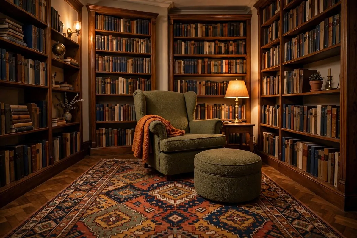 Small library room with a large patterned rug anchoring an armchair and ottoman