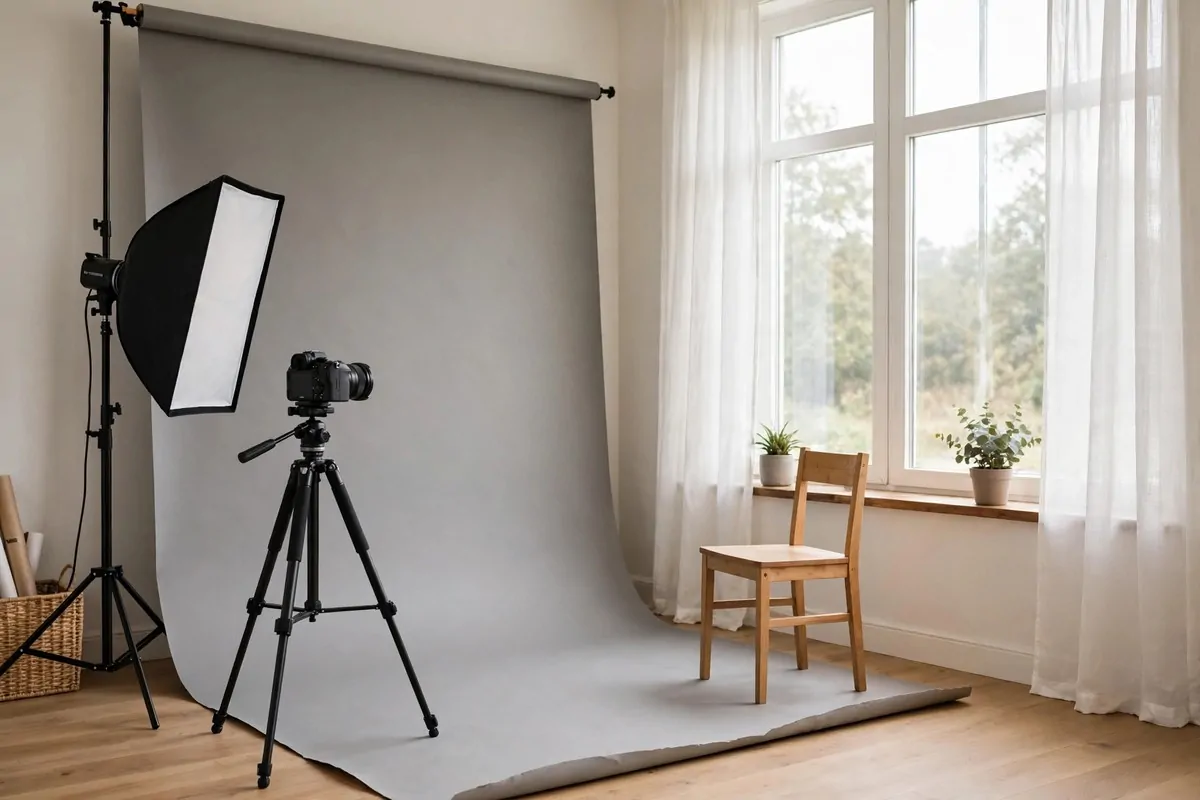 A bright small home photo studio corner with a camera on a tripod, a softbox light, a gray backdrop and a chair by a window