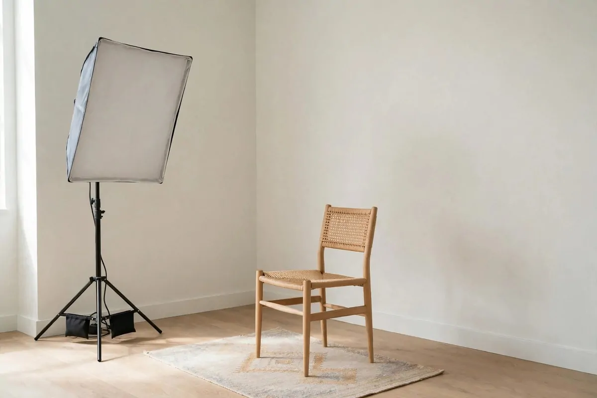 19 Small Photo Studio Setups That Still Look Professional 1 A small photo studio set up in the corner of a room with two plain walls, a chair and a softbox light