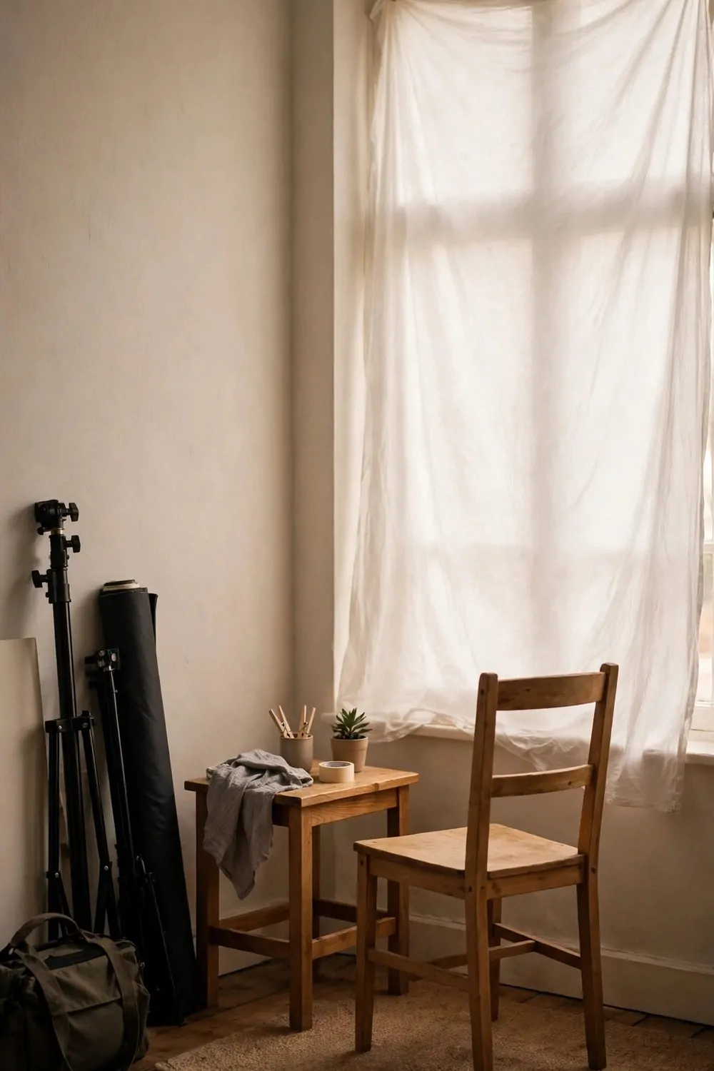 19 Small Photo Studio Setups That Still Look Professional 2 A small photo studio by a bright window with a white sheet hung over the glass softening the daylight