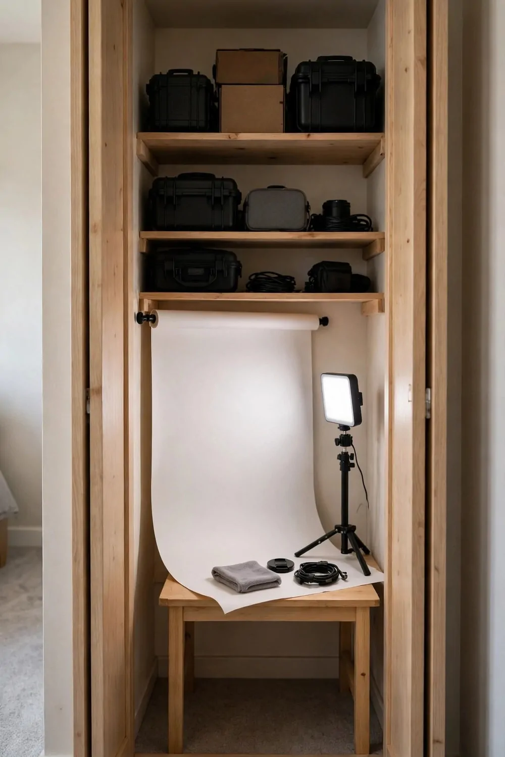 19 Small Photo Studio Setups That Still Look Professional 3 A small closet converted into a photo studio with a table, a white backdrop and a small light inside