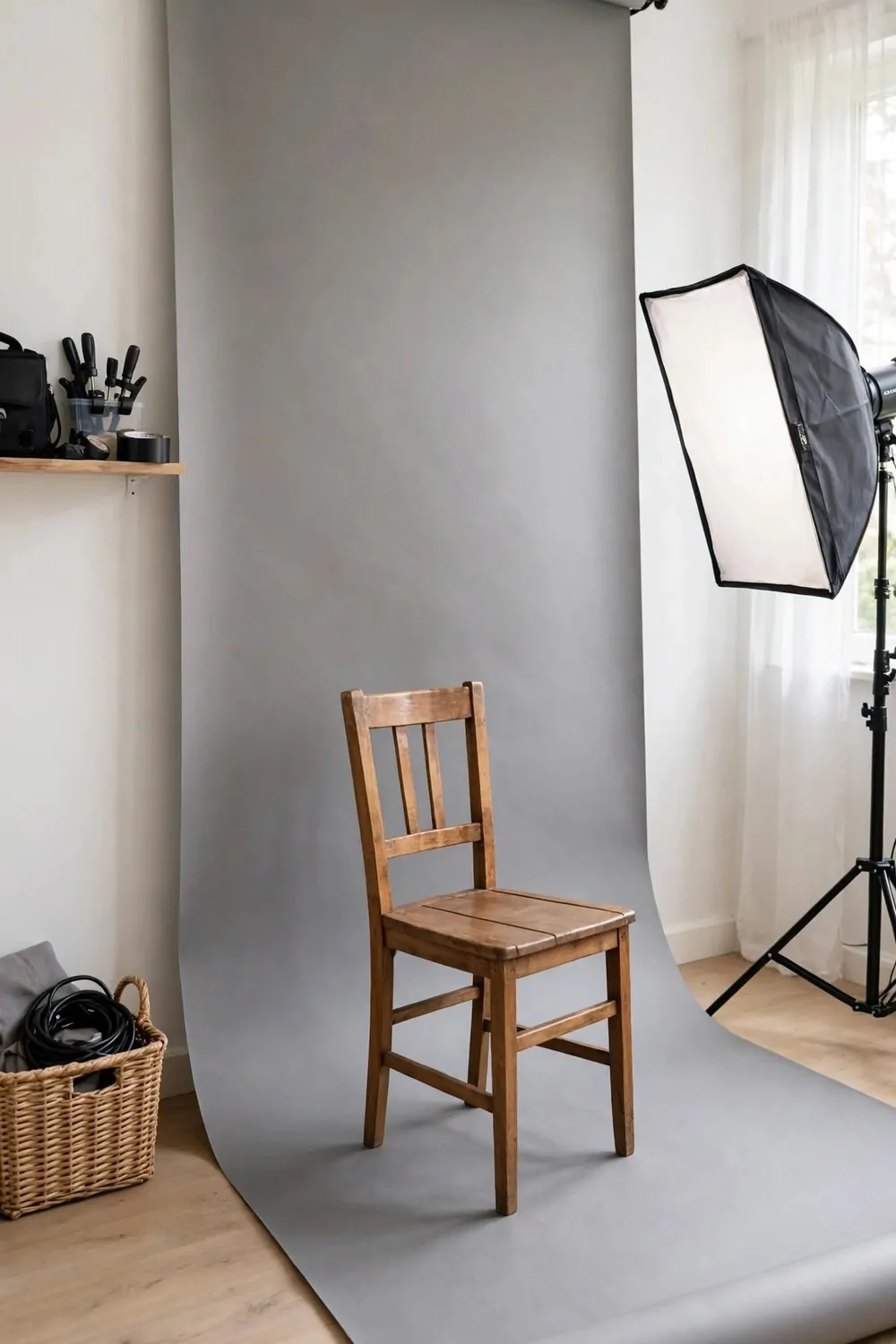 19 Small Photo Studio Setups That Still Look Professional 4 A roll of gray seamless paper backdrop unrolled down a wall and across the floor in a small photo studio