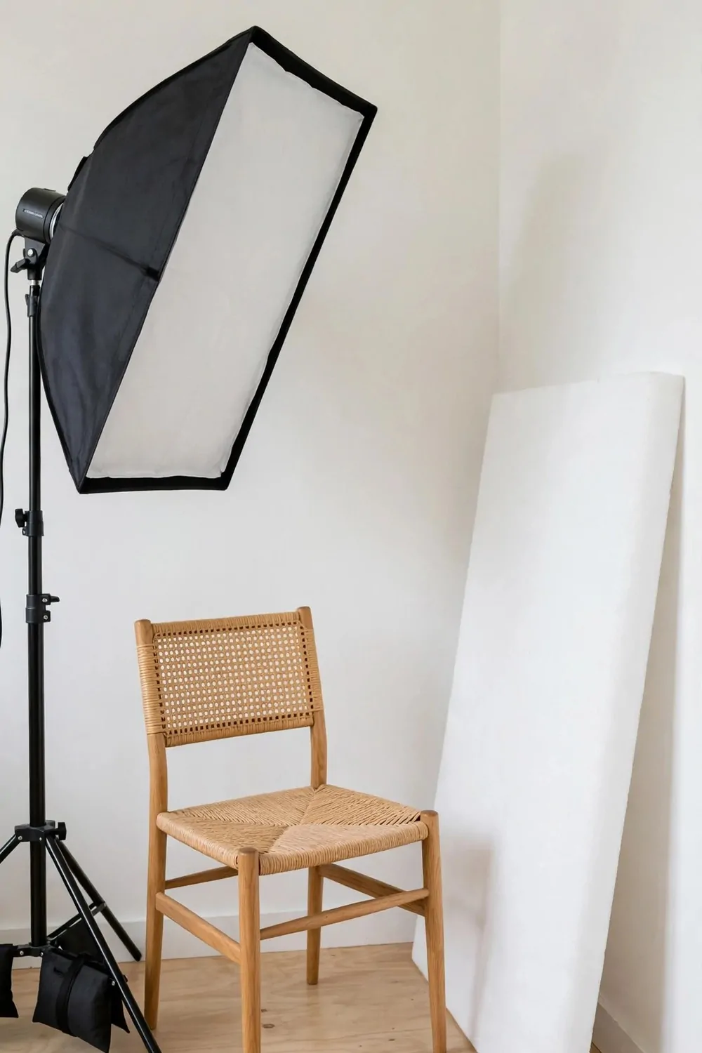 19 Small Photo Studio Setups That Still Look Professional 5 A single softbox light at 45 degrees beside a chair with a white reflector board in a small photo studio
