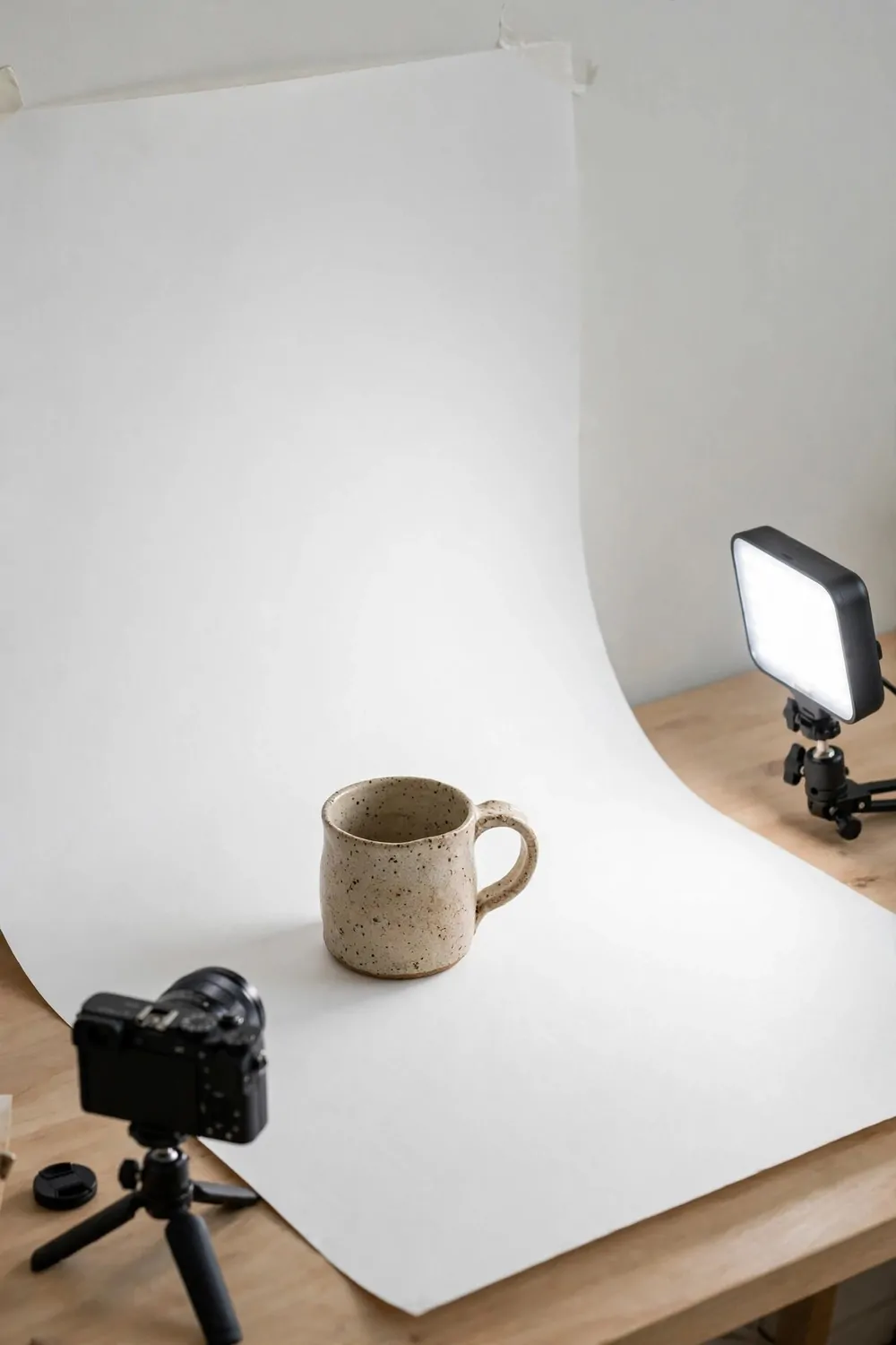 19 Small Photo Studio Setups That Still Look Professional 7 A small tabletop product photography setup with a white sweep, a ceramic mug and a side light