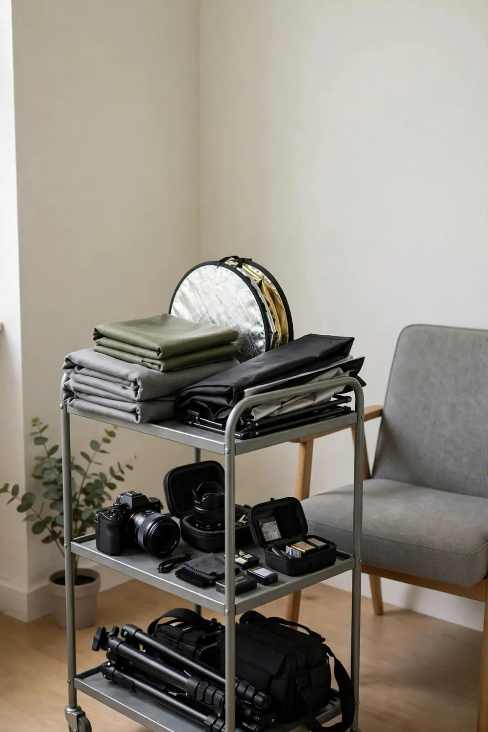 19 Small Photo Studio Setups That Still Look Professional 9 A rolling cart holding folded backdrops, lights and photography gear in a small home photo studio