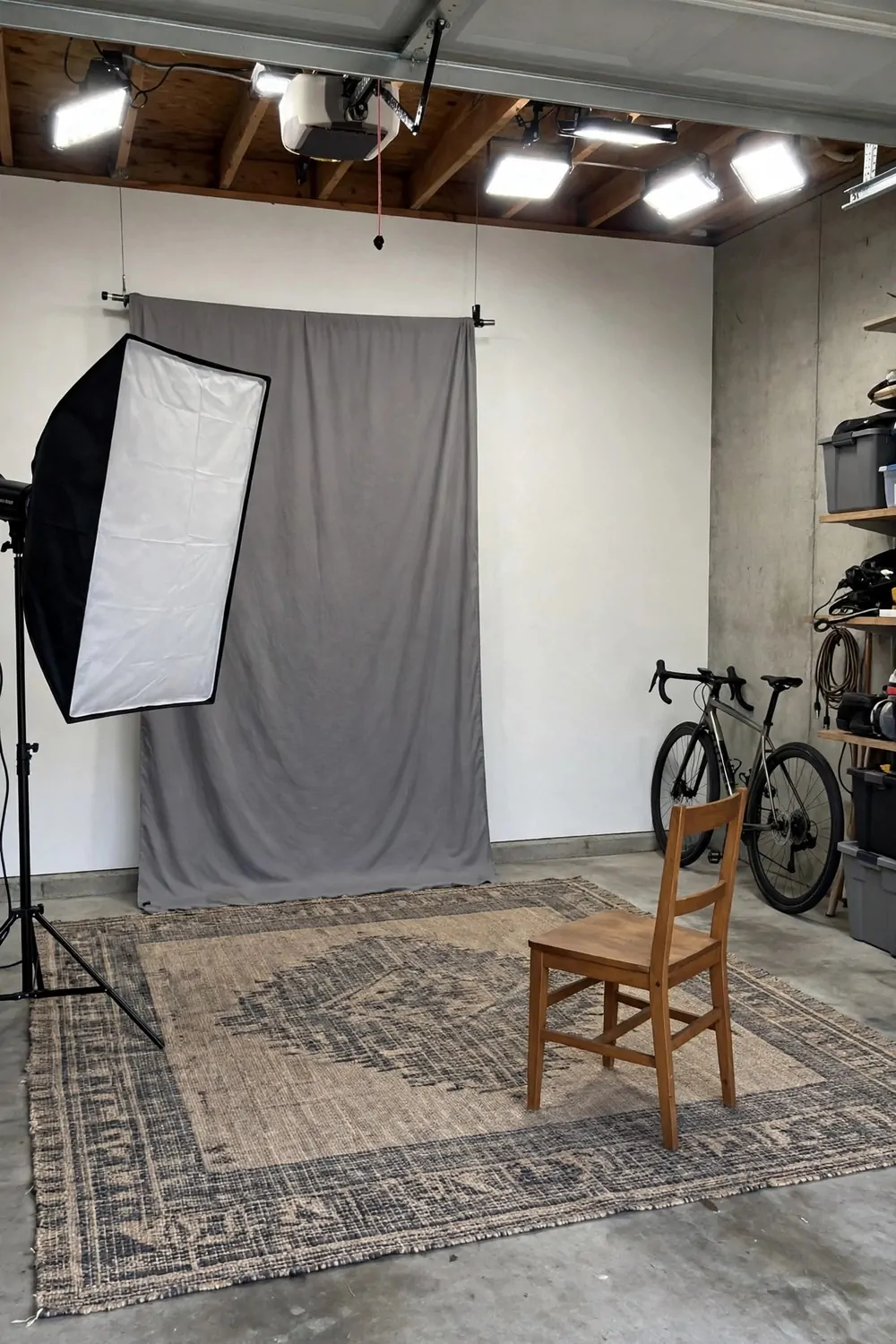 19 Small Photo Studio Setups That Still Look Professional 10 A garage photo studio with a clean white wall, a backdrop, a softbox light and a rug on the floor