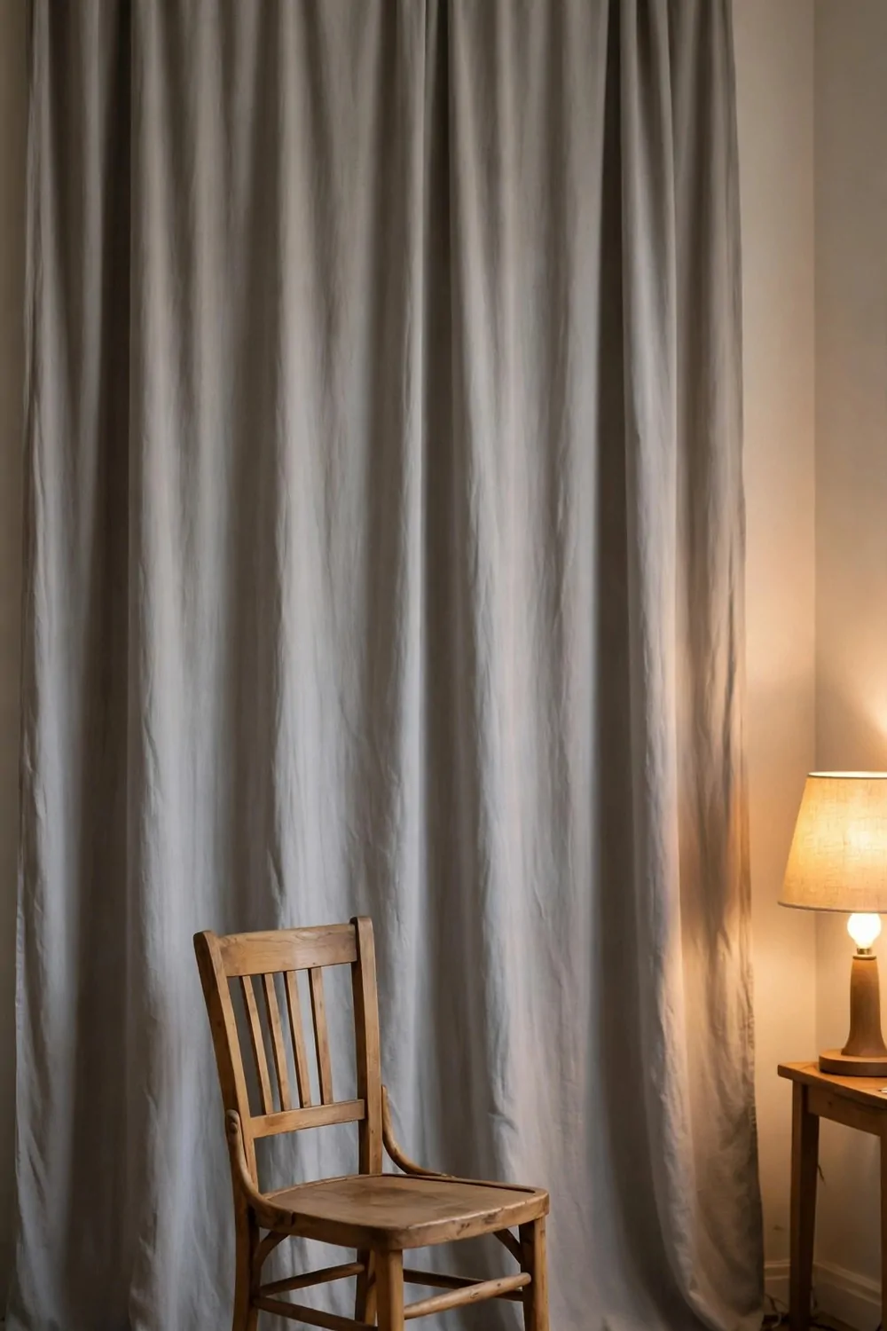 19 Small Photo Studio Setups That Still Look Professional 12 A long gray curtain backdrop hanging from a ceiling rod to the floor in a small photo studio