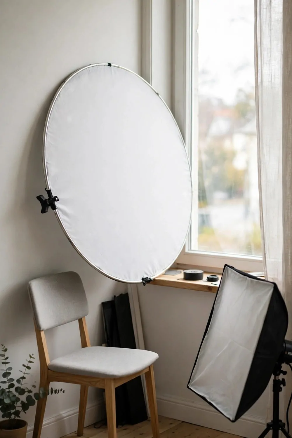 19 Small Photo Studio Setups That Still Look Professional 13 A round 5-in-1 photography reflector leaning against a wall beside a window in a small photo studio