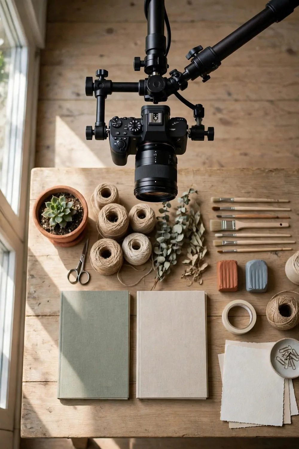 19 Small Photo Studio Setups That Still Look Professional 15 An overhead flat-lay photography station with a camera on a boom arm above a table