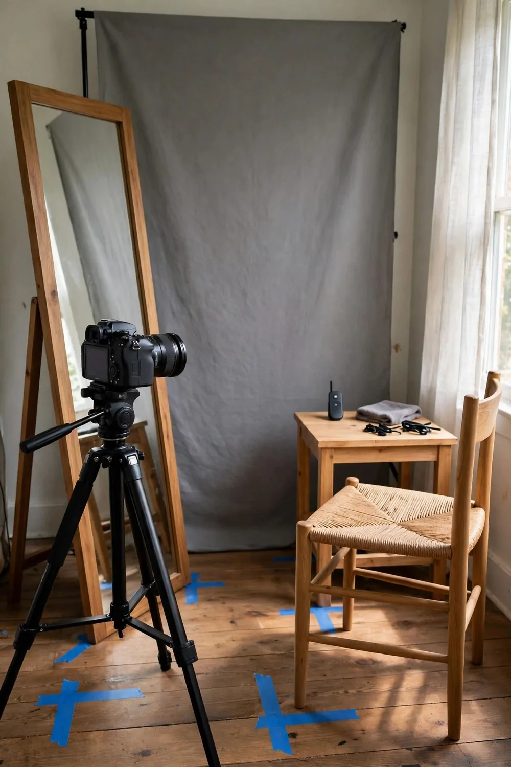 19 Small Photo Studio Setups That Still Look Professional 16 A self-portrait corner with a camera on a tripod, a remote trigger and a mirror behind the camera