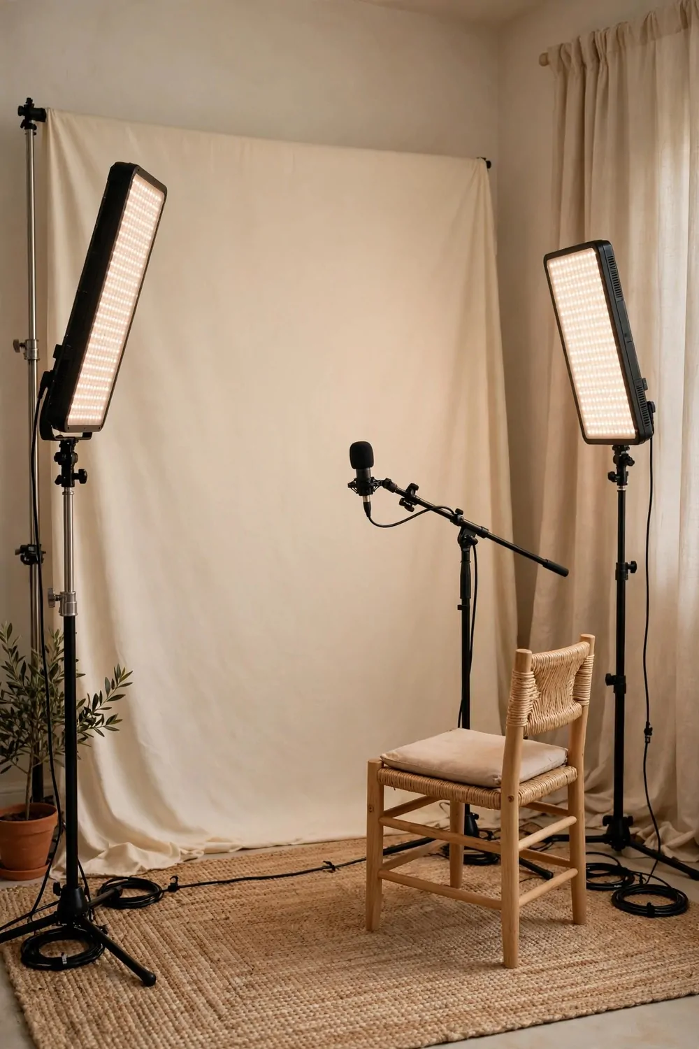19 Small Photo Studio Setups That Still Look Professional 17 A video-ready corner with continuous LED lights, a microphone and a plain backdrop in a small studio