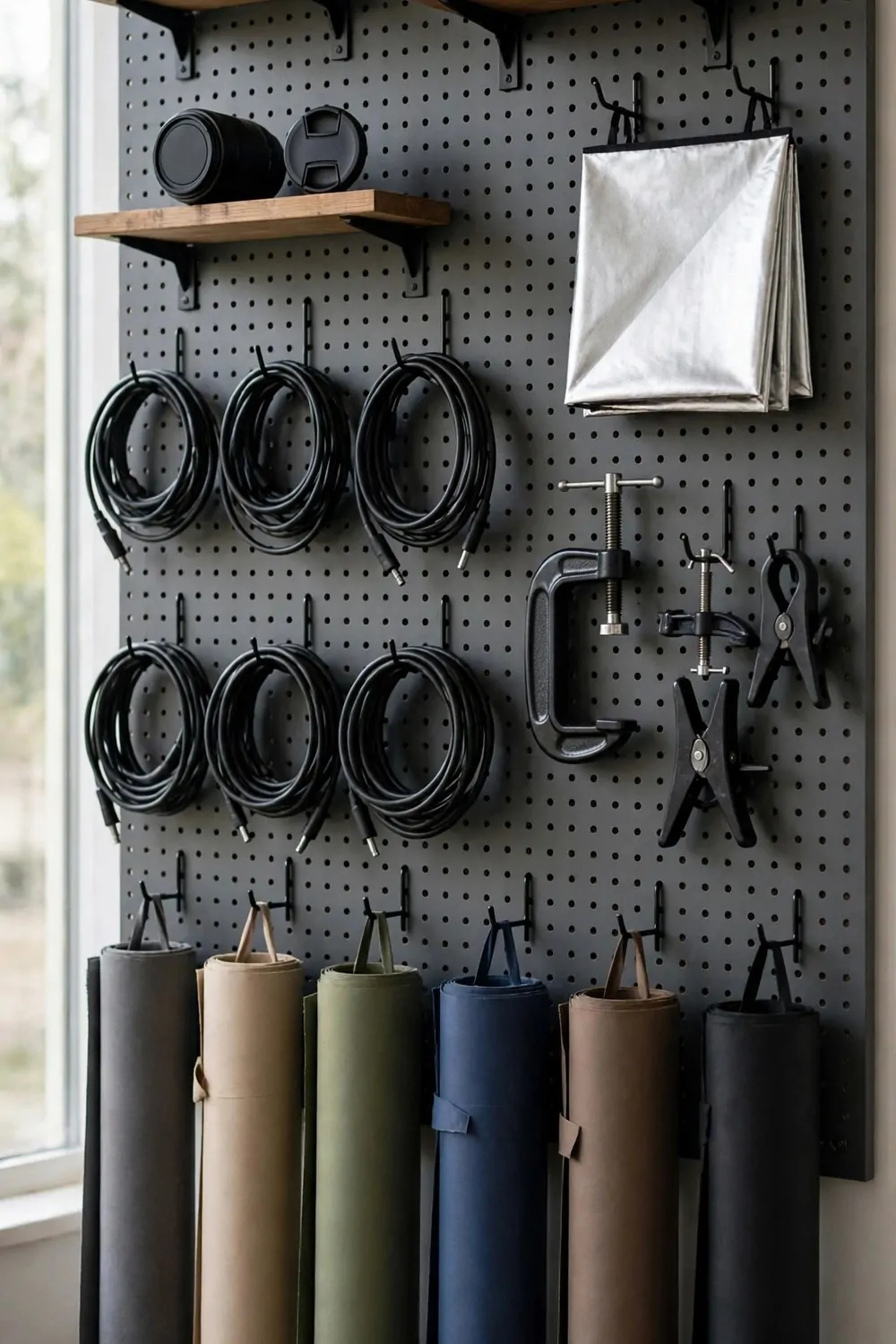 19 Small Photo Studio Setups That Still Look Professional 18 A pegboard gear wall holding camera lenses, cables, reflectors and rolled backdrops in a photo studio