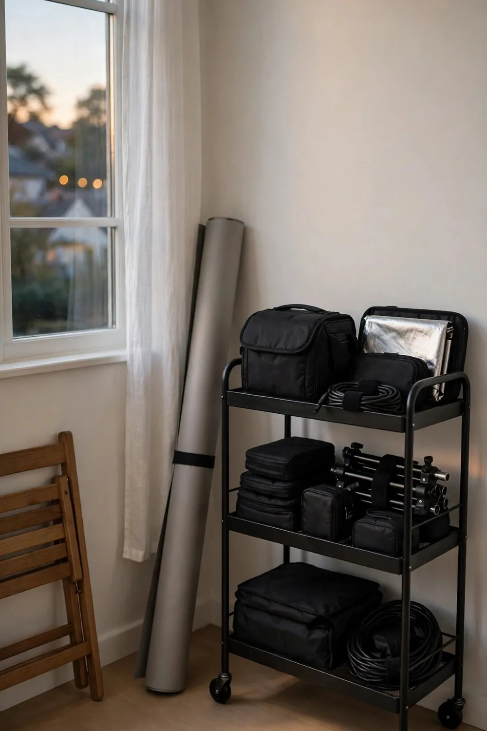 19 Small Photo Studio Setups That Still Look Professional 19 A tidy small photo studio packed down at the end of a shoot with gear on a cart and a clean floor