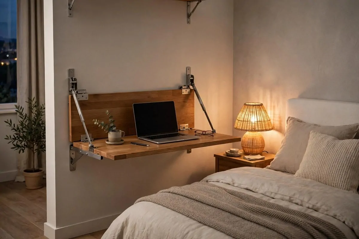 19 Tiny Bedroom Office Ideas That Fit Even the Smallest Room 1 Wall-mounted fold-down wooden desk beside a bed in a small bedroom