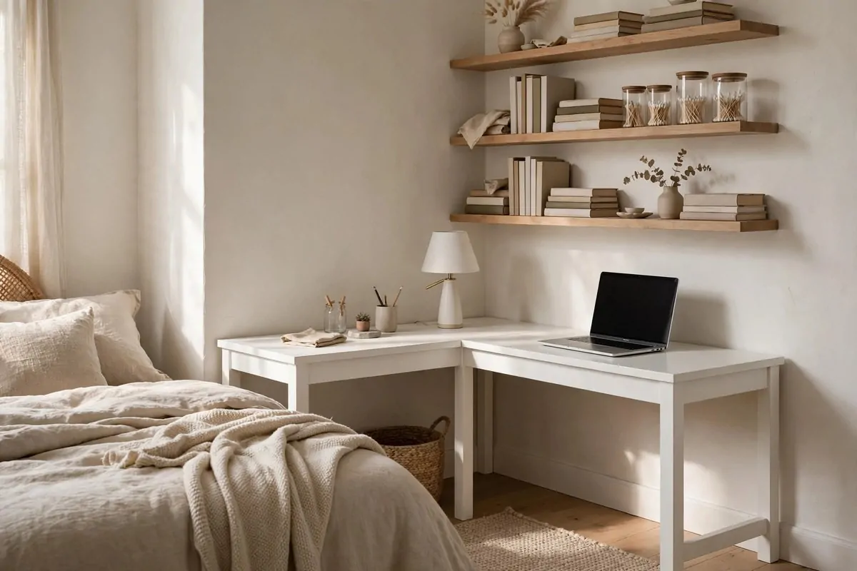 19 Tiny Bedroom Office Ideas That Fit Even the Smallest Room 2 L-shaped corner desk with laptop and shelves in a small bedroom corner
