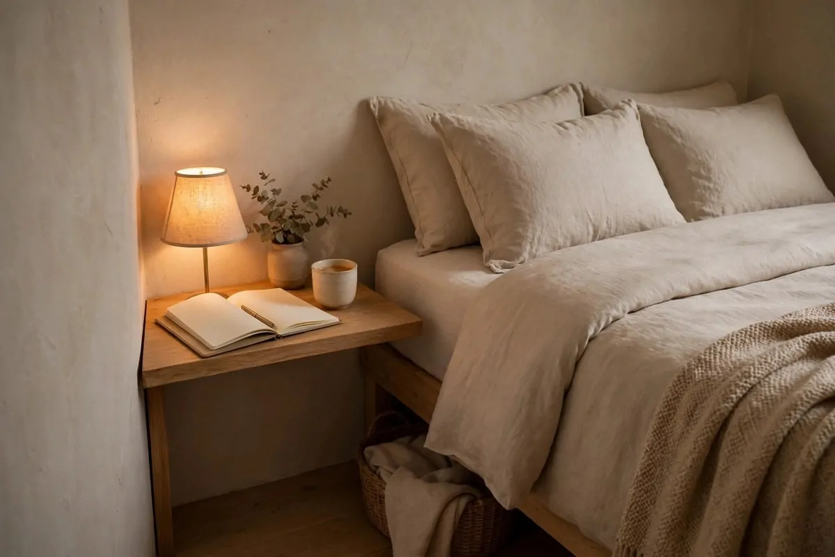 19 Tiny Bedroom Office Ideas That Fit Even the Smallest Room 3 Narrow wooden desk beside a bed working as a nightstand with a lamp