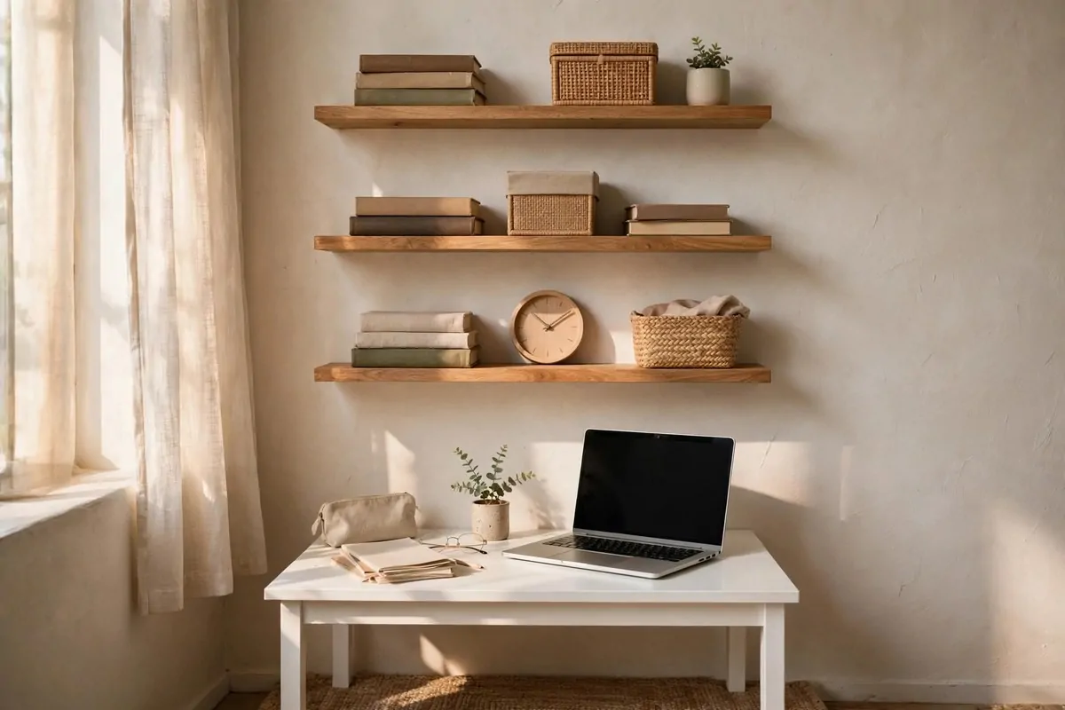 19 Tiny Bedroom Office Ideas That Fit Even the Smallest Room 4 Floating wall shelves with books and storage boxes above a small bedroom desk