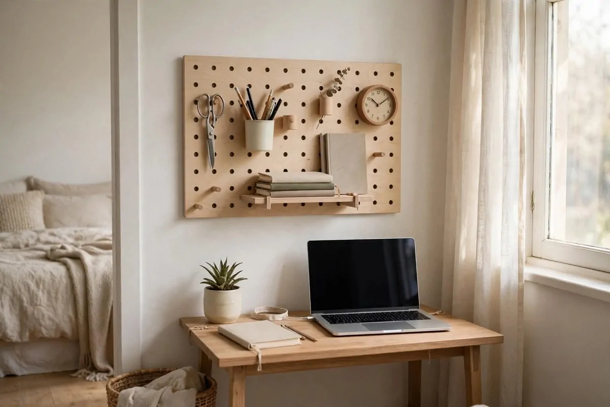 19 Tiny Bedroom Office Ideas That Fit Even the Smallest Room 5 Wooden pegboard wall organizer with hanging supplies above a bedroom desk