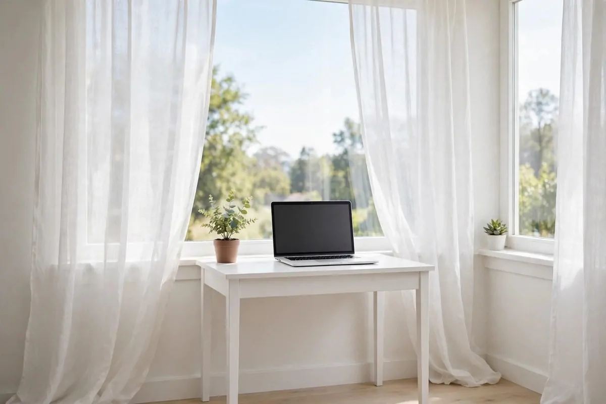 19 Tiny Bedroom Office Ideas That Fit Even the Smallest Room 6 Small white desk in front of a bedroom window with sheer curtains
