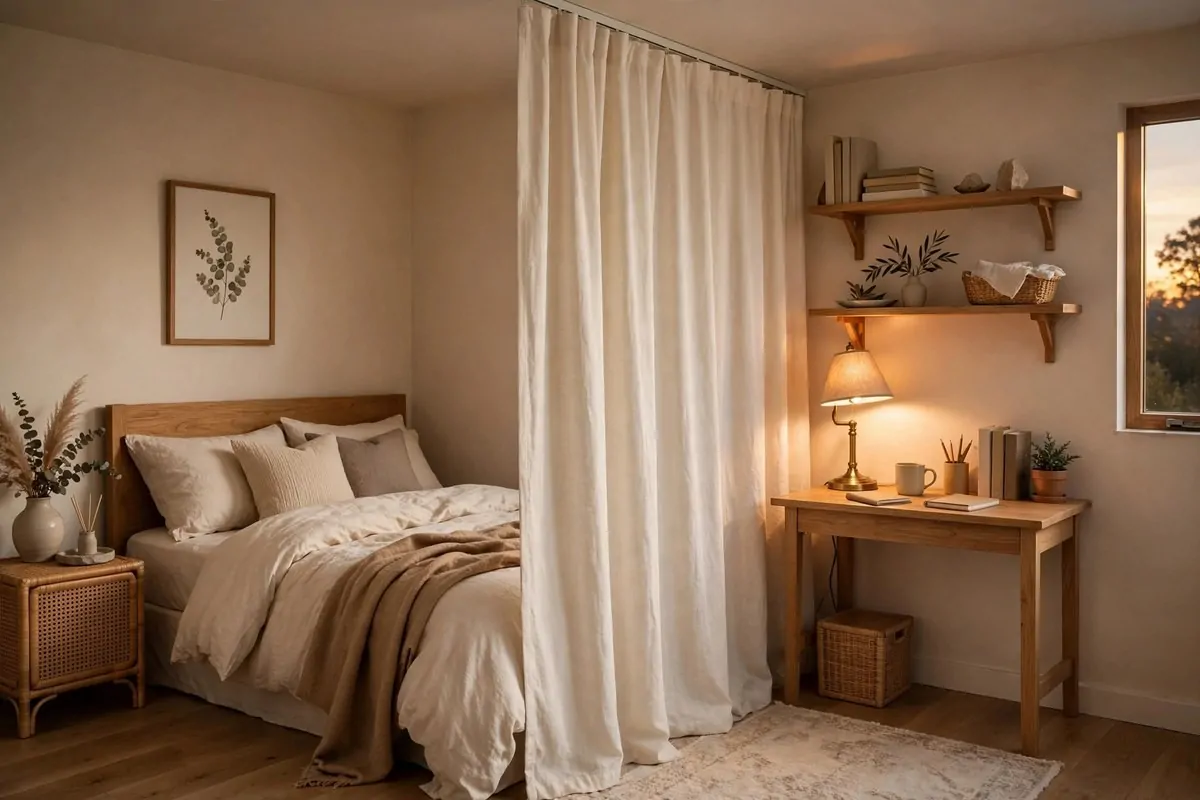 19 Tiny Bedroom Office Ideas That Fit Even the Smallest Room 7 Cream fabric curtain dividing a small bedroom into office and sleeping zones