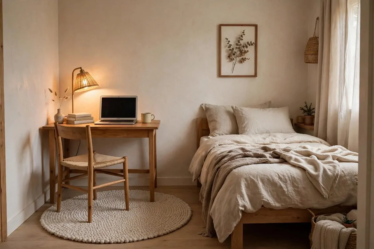 19 Tiny Bedroom Office Ideas That Fit Even the Smallest Room 8 Round textured rug under a small desk marking the office zone in a bedroom