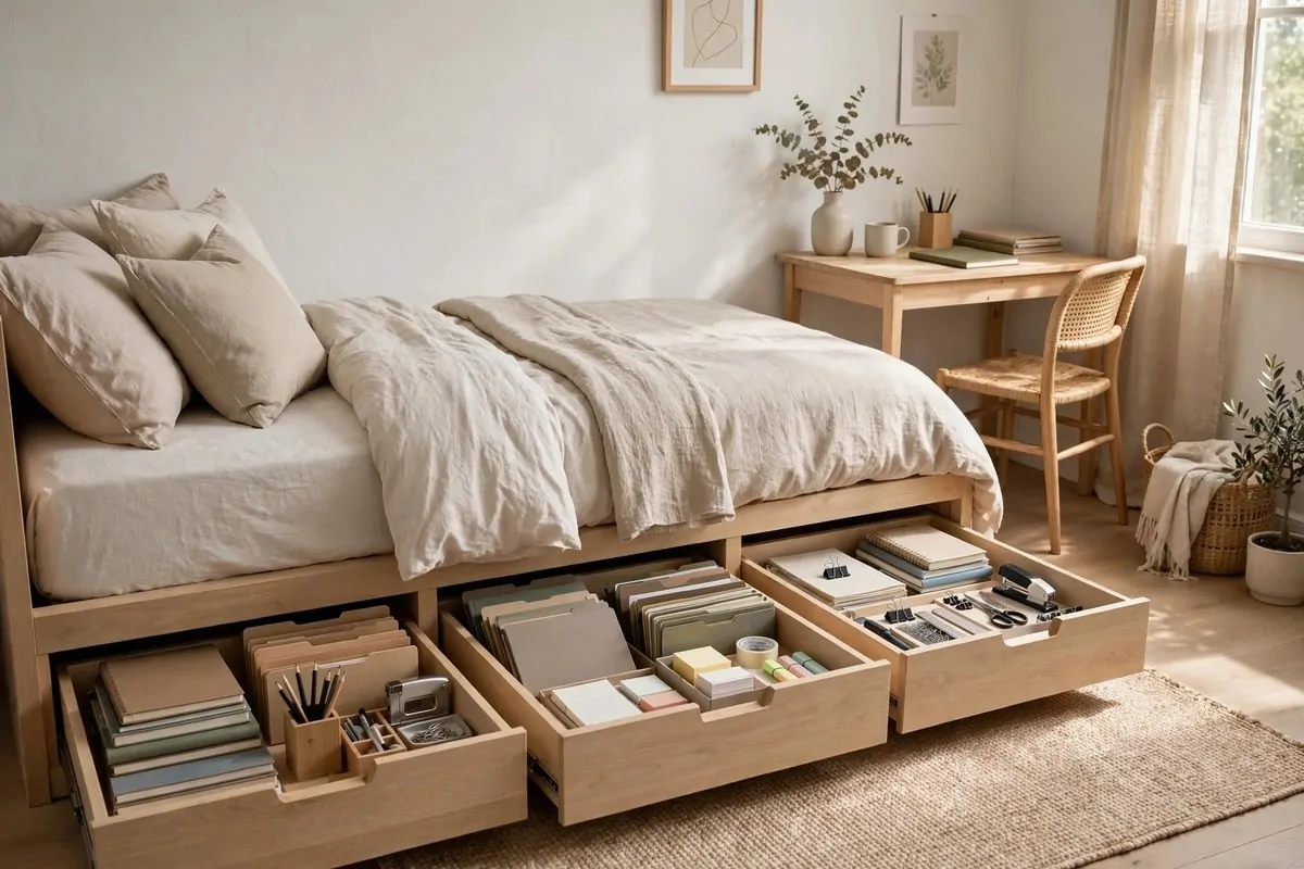 19 Tiny Bedroom Office Ideas That Fit Even the Smallest Room 9 Open storage drawers under a bed frame holding notebooks and office supplies