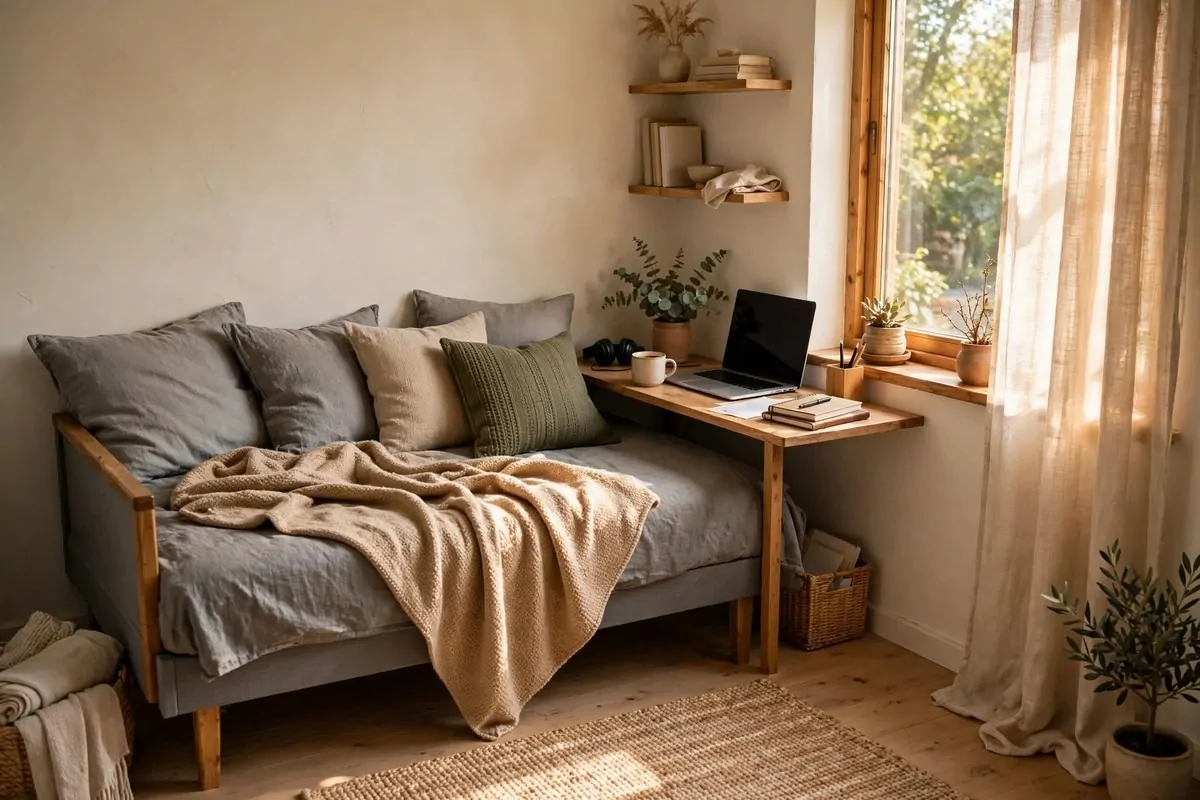 19 Tiny Bedroom Office Ideas That Fit Even the Smallest Room 10 Gray daybed with cushions beside a small desk used as office seating