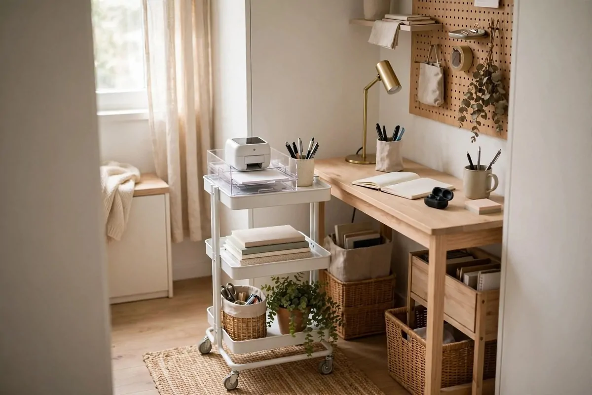 19 Tiny Bedroom Office Ideas That Fit Even the Smallest Room 11 White three-tier rolling cart with office supplies beside a bedroom desk