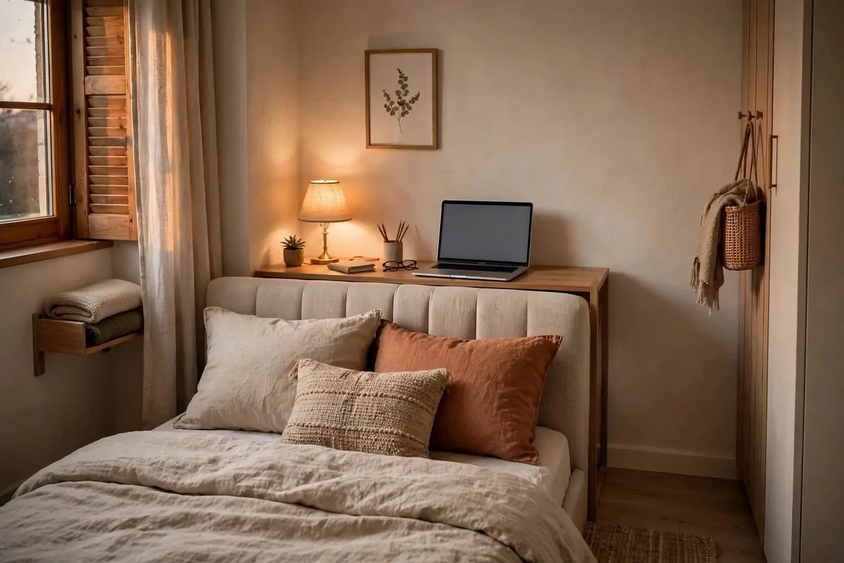 19 Tiny Bedroom Office Ideas That Fit Even the Smallest Room 12 Slim wooden console table behind a bed headboard used as a desk