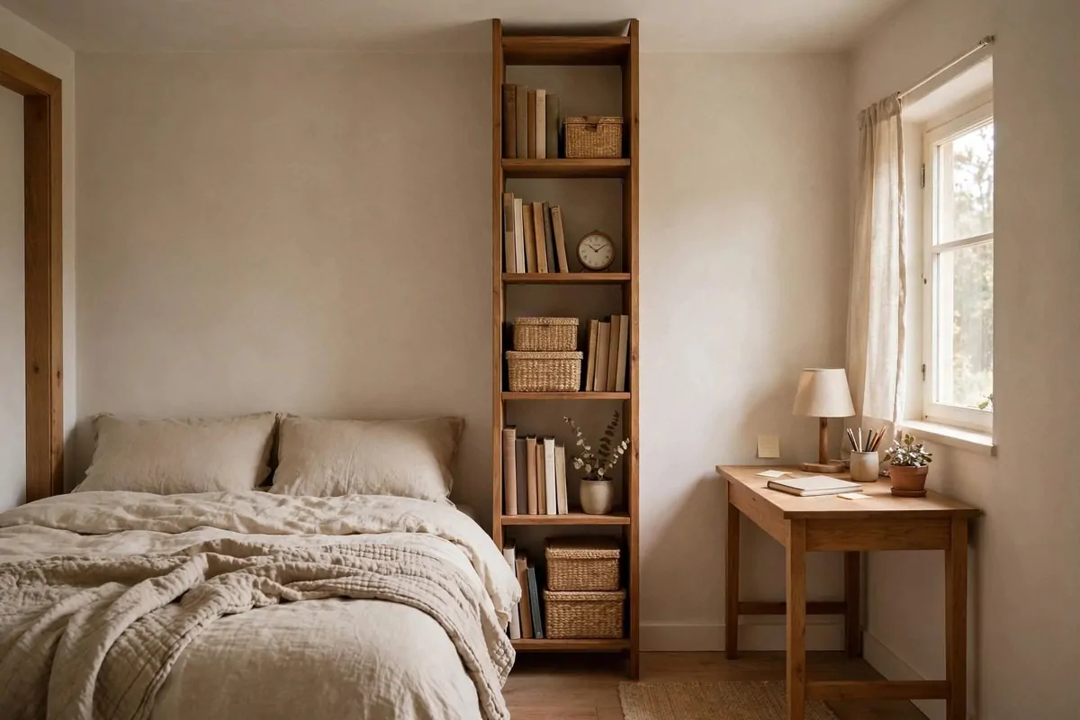 19 Tiny Bedroom Office Ideas That Fit Even the Smallest Room 13 Tall narrow bookcase standing between a bed and desk in a tiny bedroom