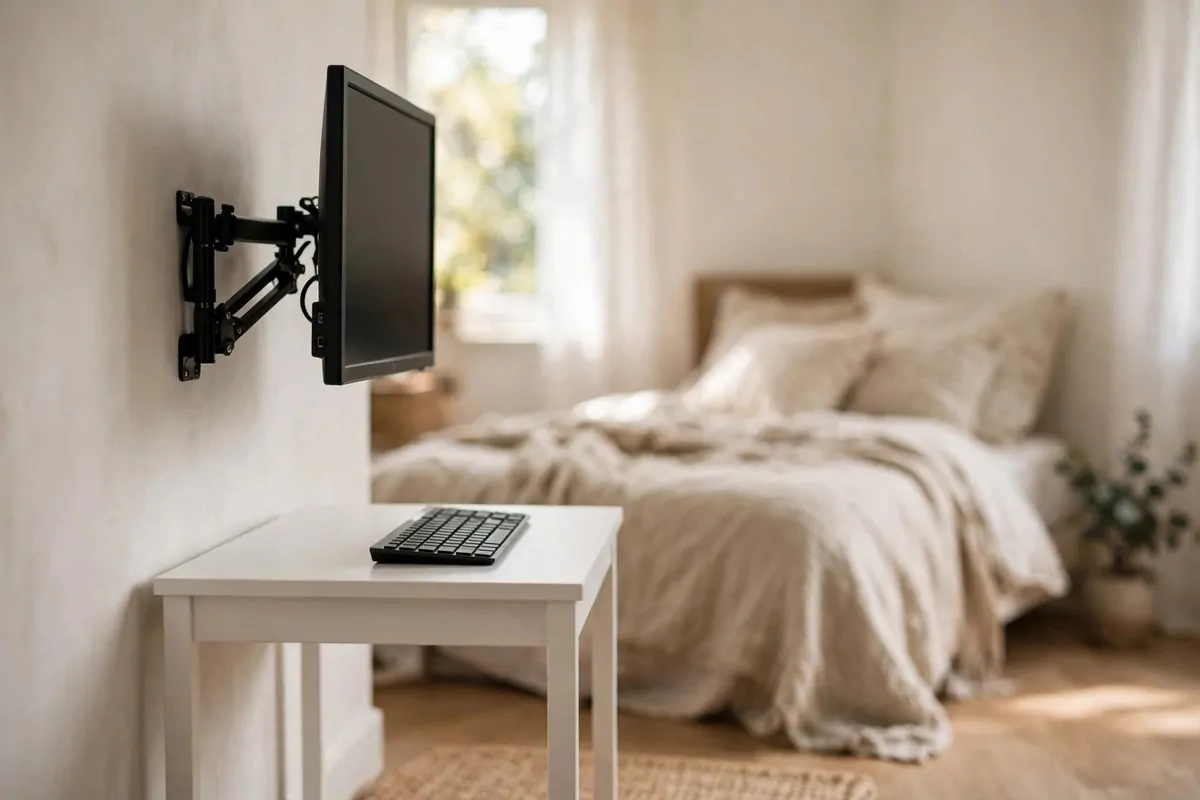 19 Tiny Bedroom Office Ideas That Fit Even the Smallest Room 14 Monitor mounted on a wall arm above a clear tiny desk in a bedroom
