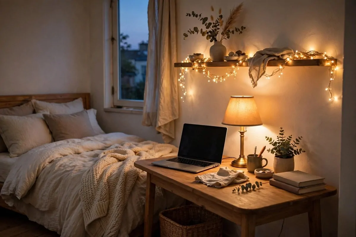 19 Tiny Bedroom Office Ideas That Fit Even the Smallest Room 15 Bedroom desk corner at dusk with a warm table lamp and fairy lights on a shelf