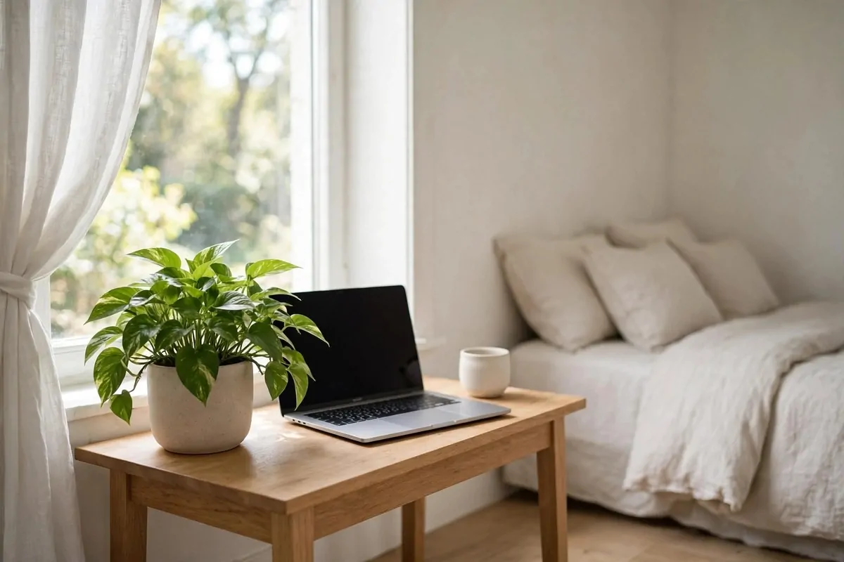 19 Tiny Bedroom Office Ideas That Fit Even the Smallest Room 16 Green potted plant on a small bedroom desk beside a laptop in daylight