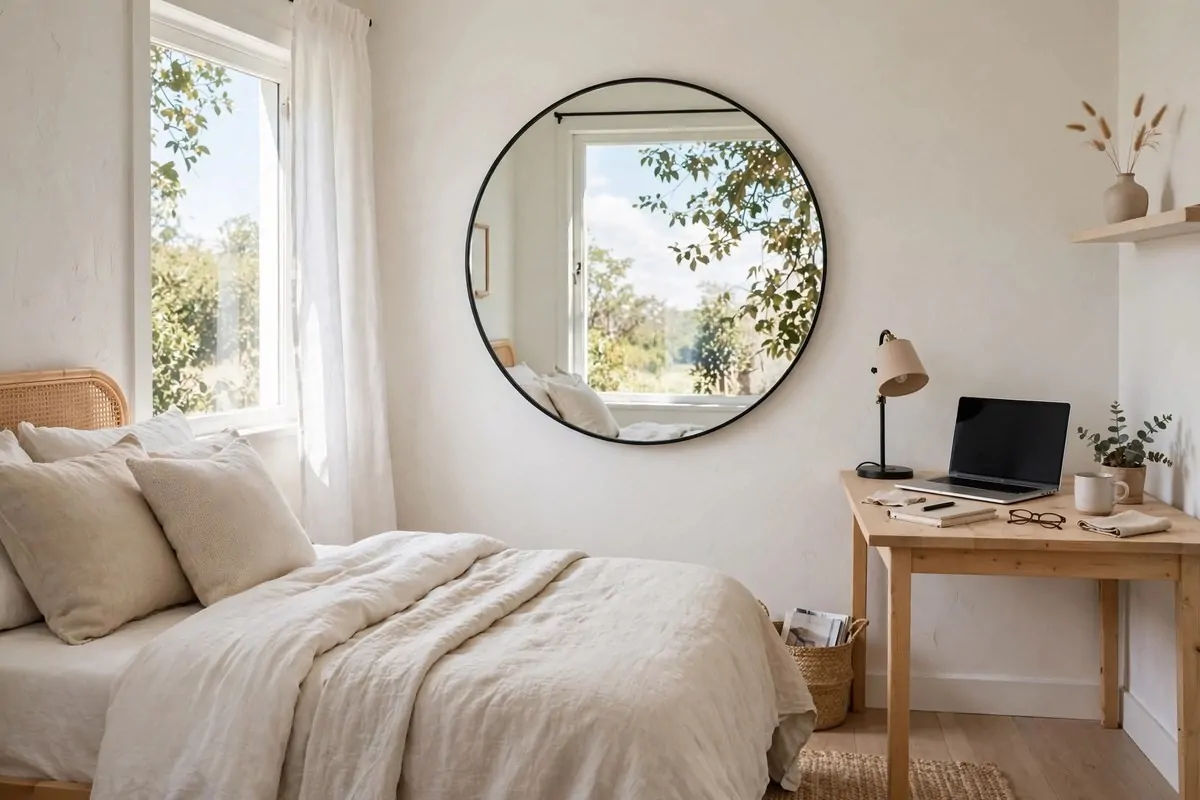 19 Tiny Bedroom Office Ideas That Fit Even the Smallest Room 17 Round mirror on a bedroom wall reflecting daylight beside a small desk